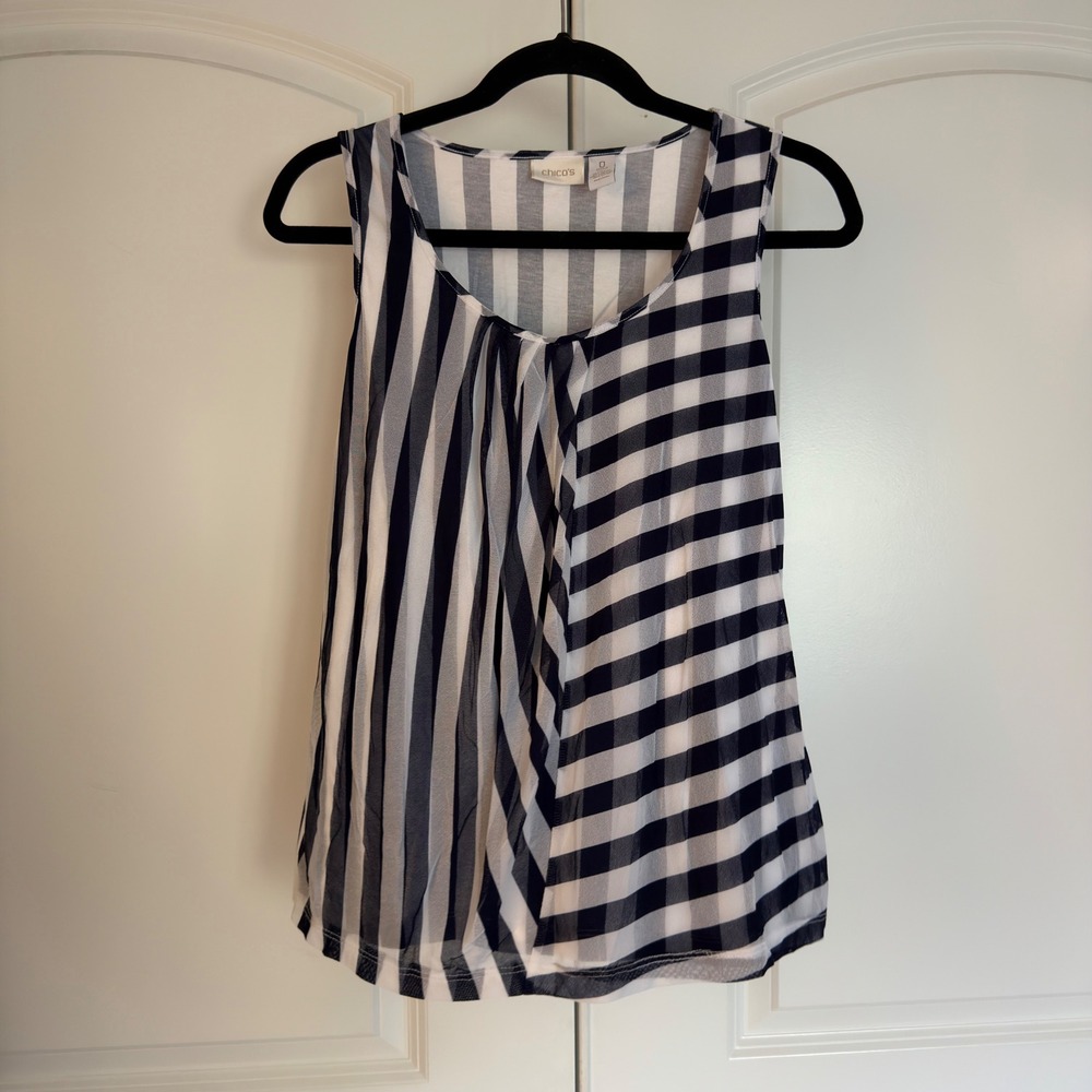 Chicos Mixed Stripe Mesh Overlay Tank Top Navy Blue White Sleeveless Size 0 S